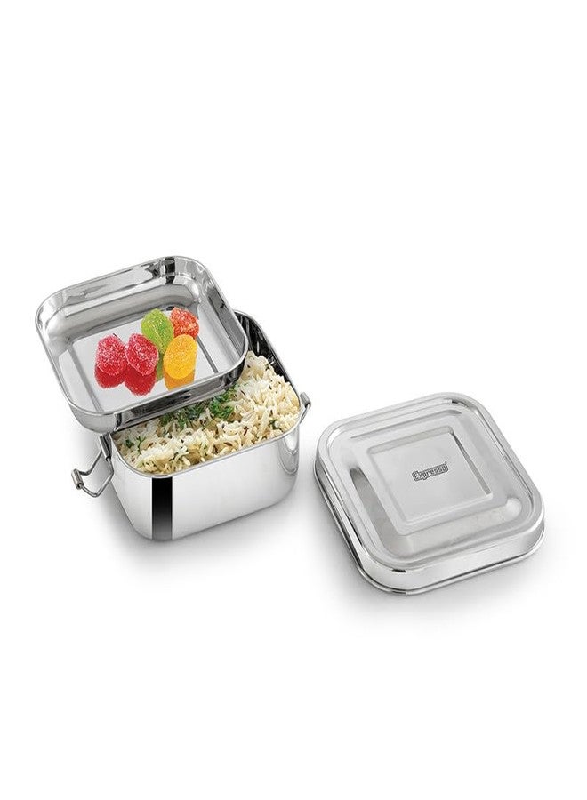 Expresso Steel Tiffin Box for Office | Stainless Steel Lunch Box, 500 ML with Inner Plate | Traditional Design Glossy Finish Steel Box in Silver - Image 2